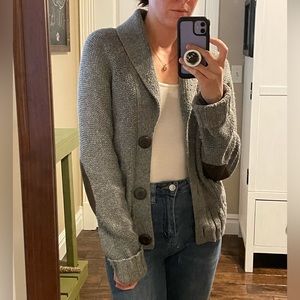 Gray chunky knit cardigan sweater with elbow patches